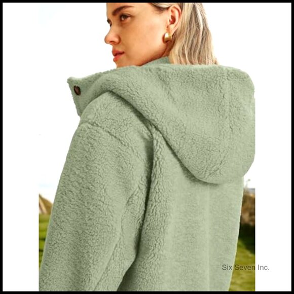 Winter Faux Fur Pea Coat with Hood, Sherpa Lining, Loose Fit Mid-Length - Picture 3 of 7